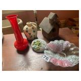 DECORATIVE ASSORTMENT, RED GLASS VASE, CERAMIC