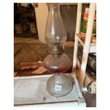 OIL LAMP, CLEAR GLASS BASE, RED GLASS RESERVOIR,