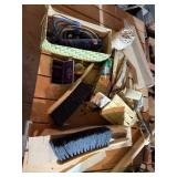 ASSORTED WORKSHOP TOOLS, BENCH BRUSHES, LEATHER