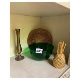 BRASS BUD VASE, MADE IN INDIA, GREEN GLASS BOWL,