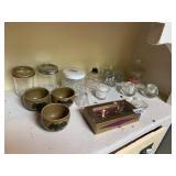 TWO MASON JARS, JAR OF GLASS MARBLES, THREE