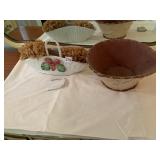 CERAMIC STRAWBERRY BASKET, WOVEN BIRCH BARK
