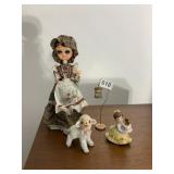 DOLL W/ BONNET, PORCELAIN LAMB FIGURINE,