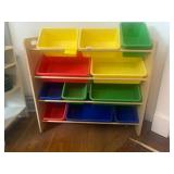 WOODEN TOY STORAGE UNIT, MULTICOLORED PLASTIC