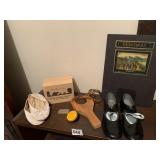 BALLET SLIPPERS, HAND CARVED BEAR IN WOODEN BOX,
