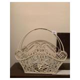 METAL BASKET, CREAM FINISH, GRAPE AND VINE MOTIF,