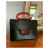 BLACK FAUX OSTRICH HANDBAG, RED LUCITE HANDLES,
