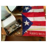 PUERTO RICO COTTON FLAG, ASSORTED PINS, BUTTONS,