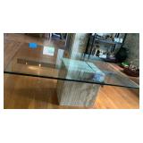 MODERNIST COFFEE TABLE, TRAVERTINE CUBE BASE,