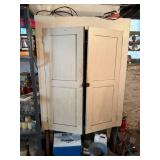 WOODEN CABINET, TWO DOORS, INTERIOR SHELVING,