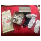 ASSORTED HOTEL SLIPPERS, BLACK SOCKS, BOX OF