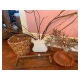 WOVEN BASKET, WHITE CERAMIC VASE, WOODEN WALL