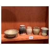 STUDIO POTTERY BOWL, FOUR SMALL VASES,