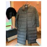 LANDS END GRAY QUILTED LONG COAT, FAUX FUR
