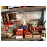 GLASS LAMP BASE, COOKIE JAR, ASSORTED CANDLES,
