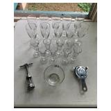 ASSORTED STEMWARE, CORKSCREW, BAR STRAINER, CLEAR