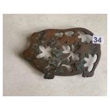 CAST IRON TRIVET, PIERCED FLORAL DESIGN, RUSTED
