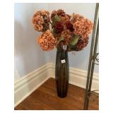 SMOKY GLASS CYLINDER VASE, ARTIFICIAL HYDRANGEA