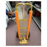 HAND TRUCK, YELLOW METAL FRAME, PNEUMATIC TIRES,