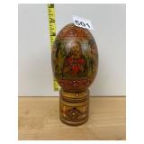 HAND-PAINTED WOODEN EGG ON STAND, RELIGIOUS