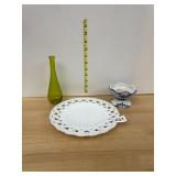 MILK GLASS RETICULATED PLATE, GREEN GLASS BUD