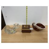 WOODEN MUSIC BOX W/ FLORAL INLAY, GLASS TURKEY