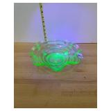 URANIUM GLASS BOWL, FOOTED, RUFFLED RIM, PRESSED