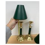 BRASS AND GREEN ENAMEL CANDLESTICK LAMPS,