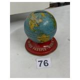 TIN GLOBE COIN BANK, WORLD MAP GRAPHICS, RED