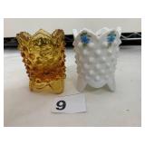 HOBNAIL GLASS TOOTHPICK HOLDERS, AMBER AND MILK