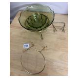 GREEN GLASS BOWLS, SCALLOPED EDGES, BRASS WIRE
