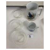 GLASS-BAKE CLEAR GLASS BOWLS, PORCELAIN MUG W/