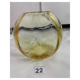 ART GLASS VASE, AMBER TINTED, RIBBED SPHERICAL