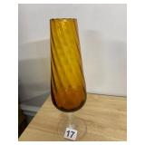 ART GLASS VASE, AMBER SWIRL BODY, CLEAR TWISTED