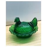 MCKEE GLASS COMPANY GREEN DEPRESSION GLASS HEN ON