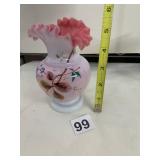 PINK CASED GLASS VASE, RUFFLED RIM, HAND-PAINTED