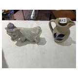 CERAMIC COW FIGURINE, STONEWARE PITCHER W/ BLUE
