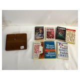 WOODEN BOOK STAND, CORK BACKING, METAL WIRE