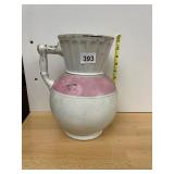 IRONSTONE PITCHER, PINK BANDED DECORATION, FLUTED