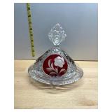 PRESSED GLASS BUTTER DISH, RED FLASHED GLASS LID,