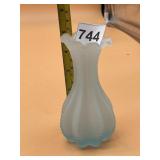 SATIN GLASS VASE, PALE BLUE, RUFFLED RIM, RIBBED