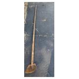 LONG HANDLED METAL SCOOP, RUSTED FINISH, WOODEN