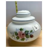 MILK GLASS COVERED JAR, HAND-PAINTED ROSE FLORAL