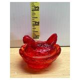 WESTMORELAND GLASS HEN ON NEST, RED GLASS, BASKET