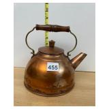 COPPER KETTLE, WOOD HANDLE, BRASS HARDWARE, DOMED