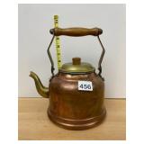 COPPER KETTLE, WOOD HANDLE, BRASS LID AND SPOUT.