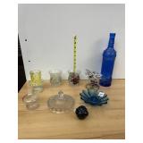ASSORTED GLASS DECOR, INCLUDES BLUE BOTTLE,