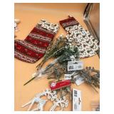 ASSORTED CHRISTMAS DECOR, TWO FABRIC STOCKINGS W/