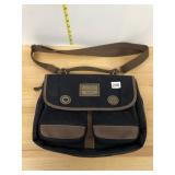 LIZ CLAIBORNE MESSENGER BAG, BLACK CANVAS, BROWN