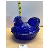 COBALT BLUE GLASS HEN ON NEST, PRESSED GLASS,
